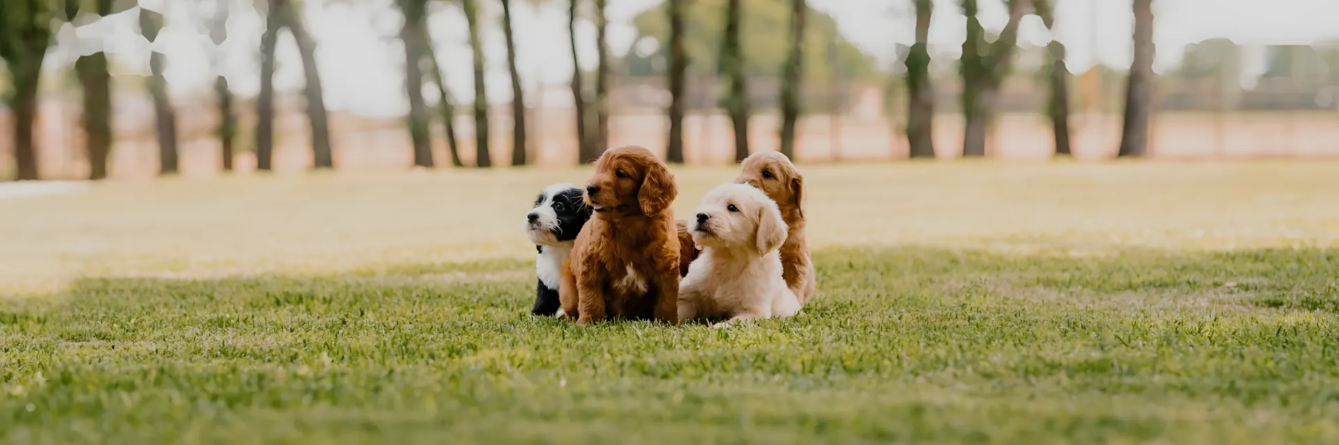 Four doodle puppies sitting together in a field at Lonestar Doodles